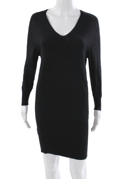 BCBGMAXAZRIA Women Sweater Dress Black Knit V-Neck Long Sleeve Short Size XS