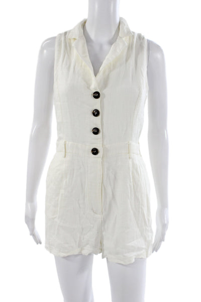 Lost + Wander Womens White Linen Collared Sleeveless Romper Button Size L