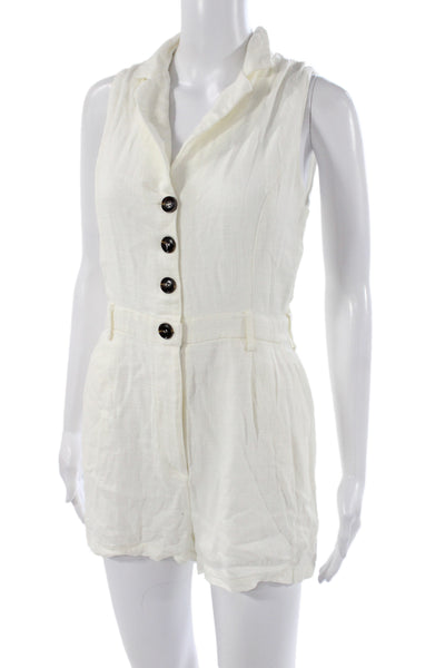 Lost + Wander Womens White Linen Collared Sleeveless Romper Button Size L