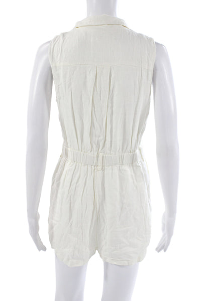 Lost + Wander Womens White Linen Collared Sleeveless Romper Button Size L