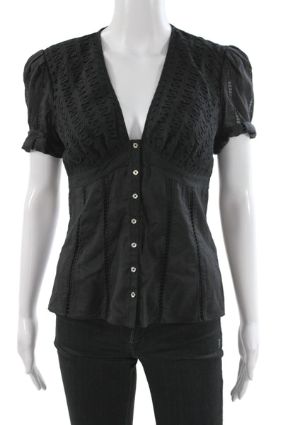 Catherine Malandrino Women Black V Neck Cotton Short Sleeve Basic Blouse Size S