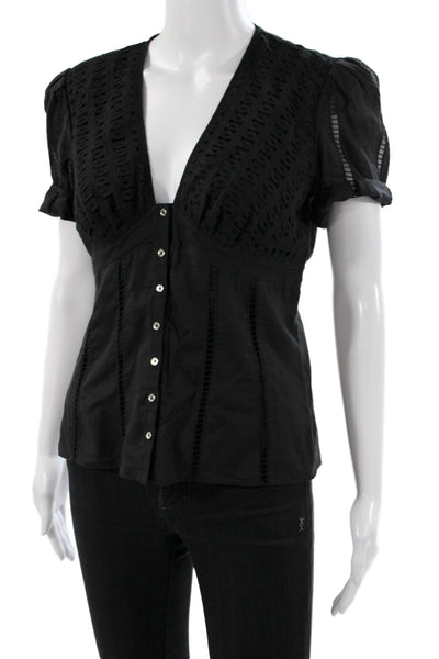 Catherine Malandrino Women Black V Neck Cotton Short Sleeve Basic Blouse Size S