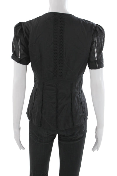 Catherine Malandrino Women Black V Neck Cotton Short Sleeve Basic Blouse Size S