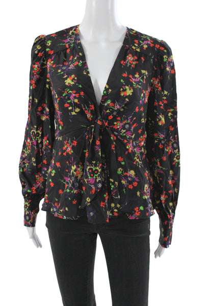 Veronica Beard Womens Floral Silk V-Neck Tunic Blouse Black Long Sleeve Size 4