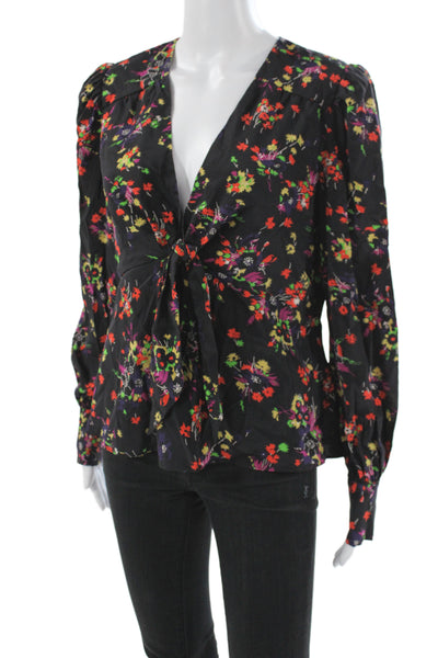 Veronica Beard Womens Floral Silk V-Neck Tunic Blouse Black Long Sleeve Size 4