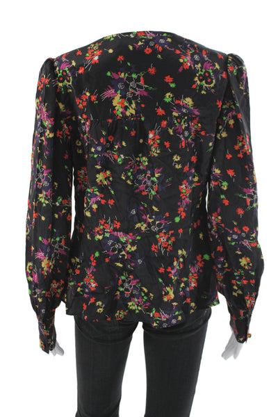 Veronica Beard Womens Floral Silk V-Neck Tunic Blouse Black Long Sleeve Size 4