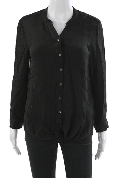 Joie Women Basic Black Silk V-Neck Long Sleeve Blouse Button Cuff Size XS
