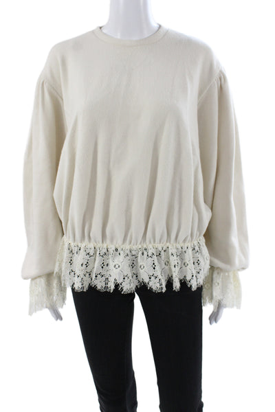 Zara Women Ivory Boho Crew Neck Pullover Sweatshirt Long Sleeve Size S