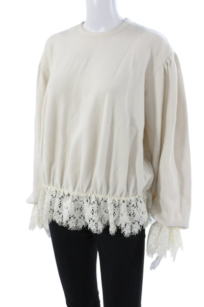 Zara Women Ivory Boho Crew Neck Pullover Sweatshirt Long Sleeve Size S