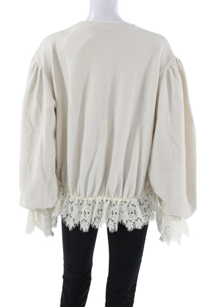 Zara Women Ivory Boho Crew Neck Pullover Sweatshirt Long Sleeve Size S