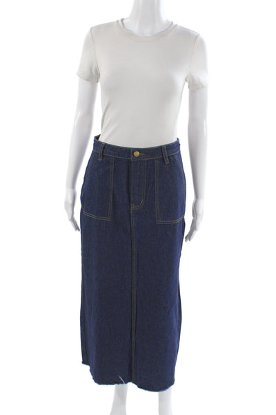 Heritage Womens Blue Cotton Straight Pencil Skirt Button Knee Length Size 4