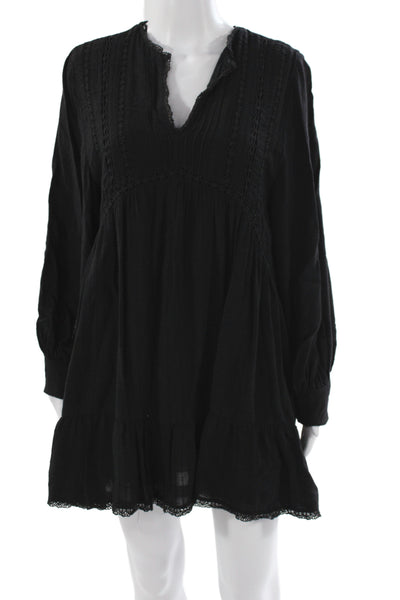 Zara Womens Mini Boho V-Neck Black Cotton Long Sleeve Dress Size S