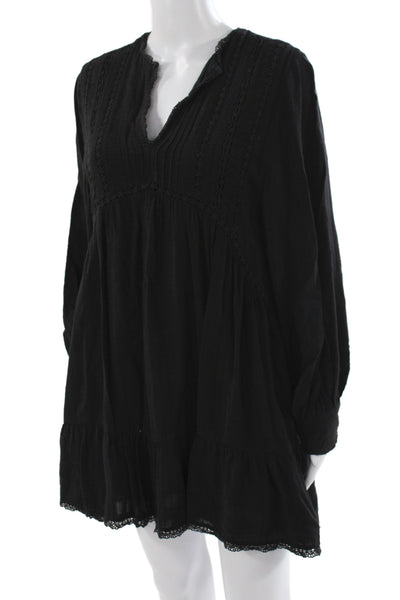 Zara Womens Mini Boho V-Neck Black Cotton Long Sleeve Dress Size S