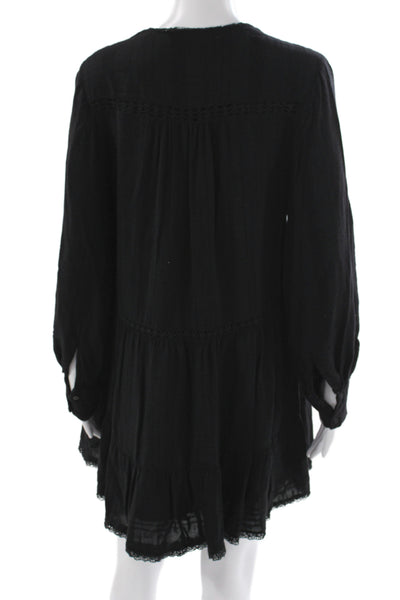 Zara Womens Mini Boho V-Neck Black Cotton Long Sleeve Dress Size S