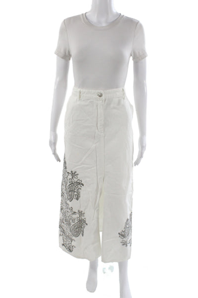 MNG Women Straight Pencil Paisley Cotton Midi Skirt White Button Size L