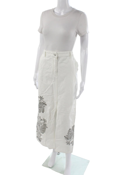 MNG Women Straight Pencil Paisley Cotton Midi Skirt White Button Size L
