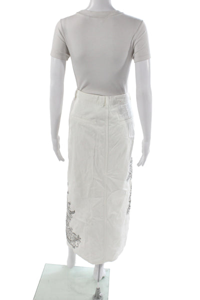 MNG Women Straight Pencil Paisley Cotton Midi Skirt White Button Size L