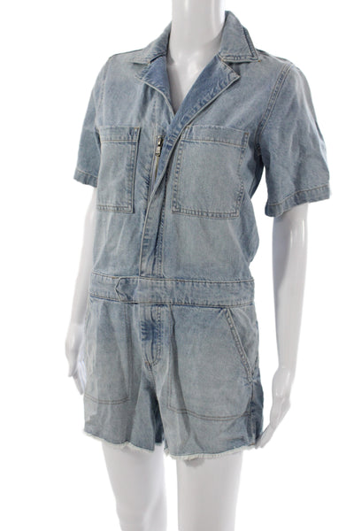 DL1961 Women Blue Short Sleeve Collared Romper Zip Closure Size XS