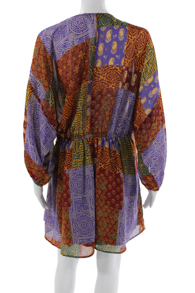 Zara Women Bohemian Paisley Blouson V-Neck Tie Short Dress Long Sleeve Size L