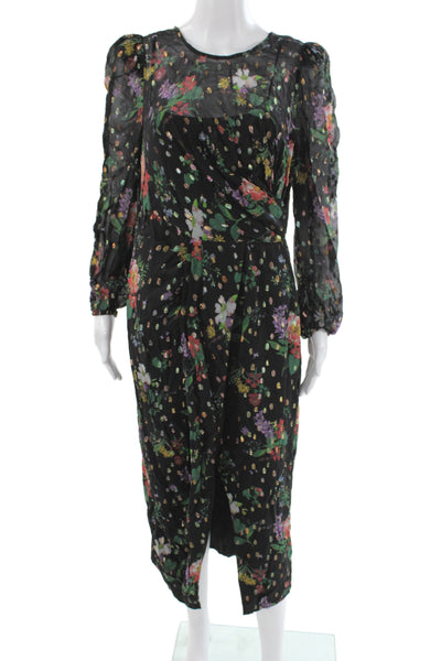 AMUR Women Wrap Dress Black Long Sleeve Floral Zip Knee Length Size 8