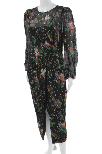 AMUR Women Wrap Dress Black Long Sleeve Floral Zip Knee Length Size 8
