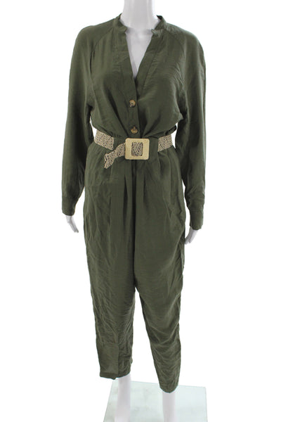 Zara Women Green V-Neck Long Sleeve Jumpsuit Safari Size M