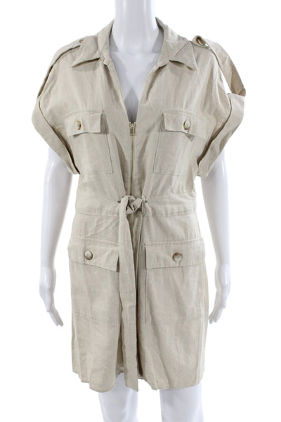 Zara Women Shirt Dress Collared Short Sleeve Tie Waist Beige Size L