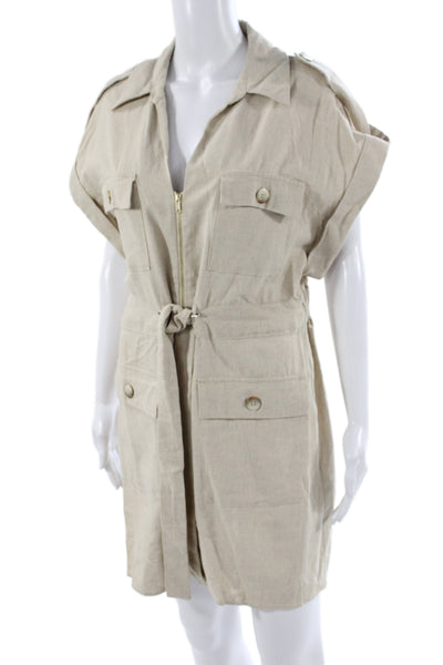 Zara Women Shirt Dress Collared Short Sleeve Tie Waist Beige Size L