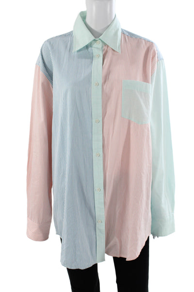 Solid & Striped Women Colorblock Collared Button-Up Blue Long Sleeve Size L