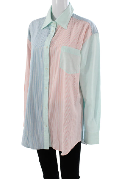 Solid & Striped Women Colorblock Collared Button-Up Blue Long Sleeve Size L