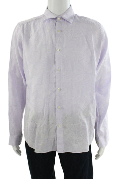 Etro Mens Purple Paisley Linen Button-Up Long Sleeve Collared Shirt Size L