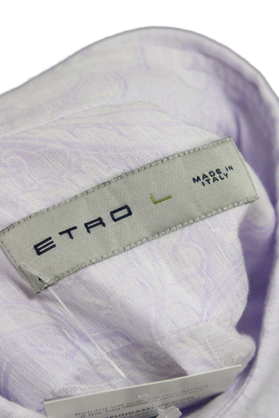 Etro Mens Purple Paisley Linen Button-Up Long Sleeve Collared Shirt Size L