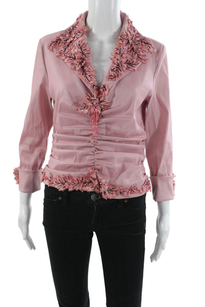 Tadashi Womens Cropped Collared Floral Blouse 3/4 Sleeve Zip Rayon Size 12