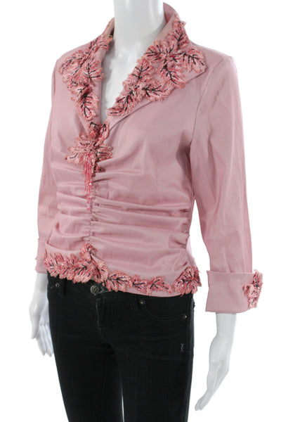 Tadashi Womens Cropped Collared Floral Blouse 3/4 Sleeve Zip Rayon Size 12