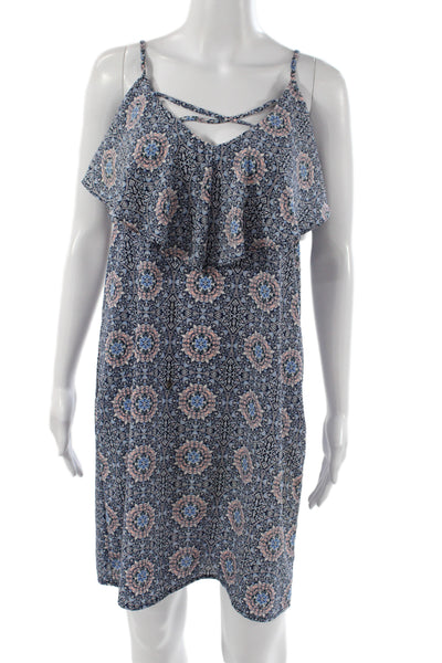 Aqua Women Shift Dress Geometric V-Neck Sleeveless Blue Size M
