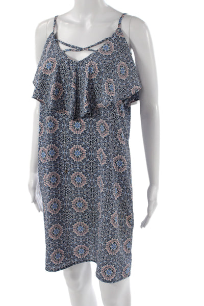 Aqua Women Shift Dress Geometric V-Neck Sleeveless Blue Size M
