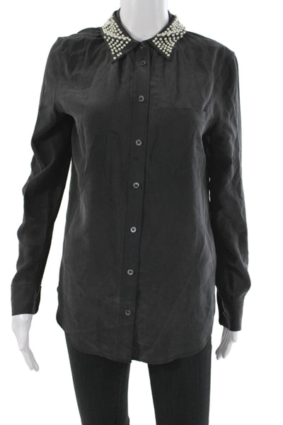 Equipment Femme Women Black Silk Button-Up Collared Long Sleeve Blouse Size XS