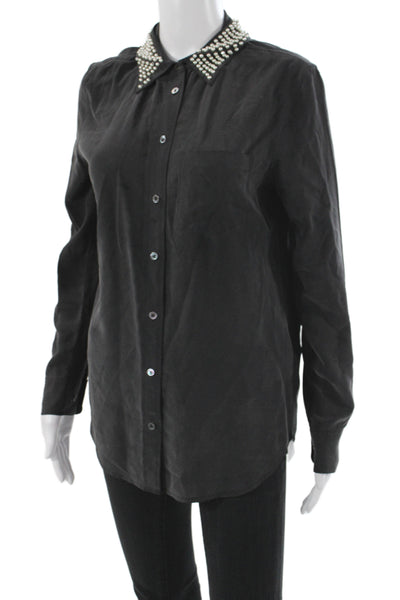 Equipment Femme Women Black Silk Button-Up Collared Long Sleeve Blouse Size XS