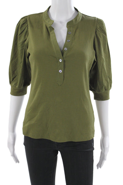 Veronica Beard Women Jersey Henley Blouse 3/4 Sleeve Green Pima Cotton Size S
