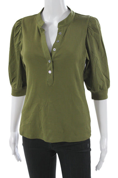 Veronica Beard Women Jersey Henley Blouse 3/4 Sleeve Green Pima Cotton Size S