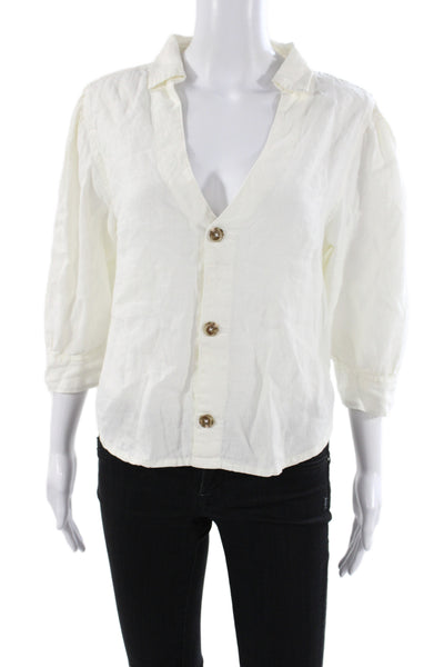 DL1961 Womens White Linen Collared Button Up 3/4 Sleeve Casual Basic Size S