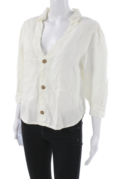 DL1961 Womens White Linen Collared Button Up 3/4 Sleeve Casual Basic Size S