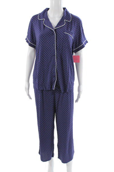 Kate Spade Women's Button Down Two Piece Pajama Set Blue Polka Dot Size L
