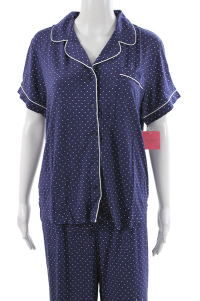 Kate Spade Women's Button Down Two Piece Pajama Set Blue Polka Dot Size L