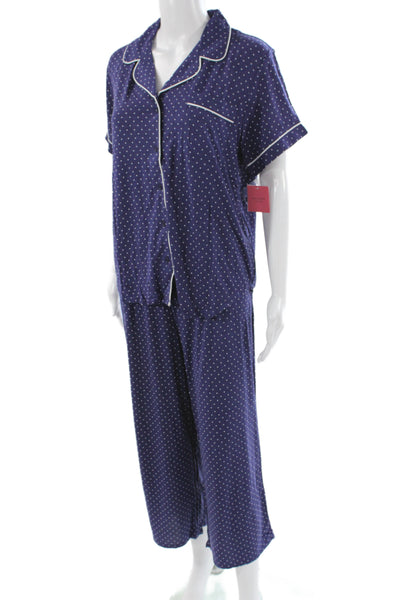 Kate Spade Women's Button Down Two Piece Pajama Set Blue Polka Dot Size L