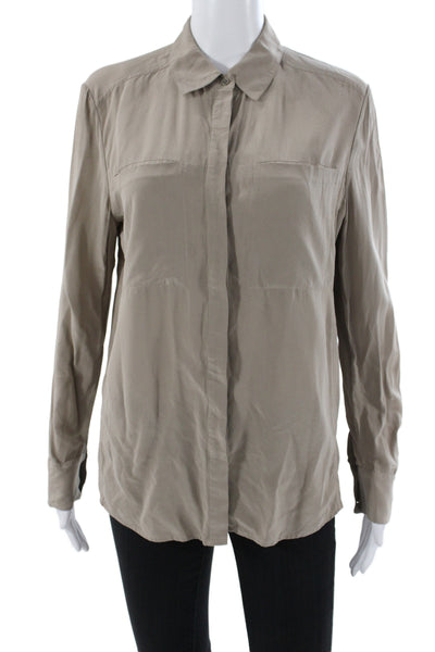 Nordstrom Collection Women Beige Silk Collared Long Sleeve Blouse Size S