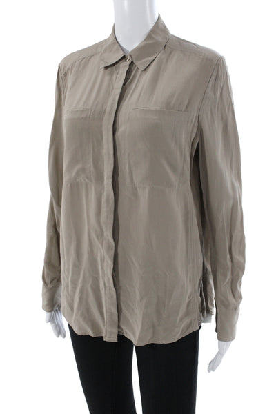 Nordstrom Collection Women Beige Silk Collared Long Sleeve Blouse Size S