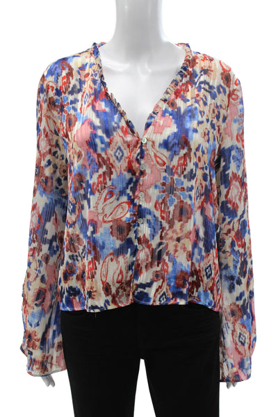 Zara Women Multicolor Floral V-Neck Button Long Sleeve Basic Blouse Size L