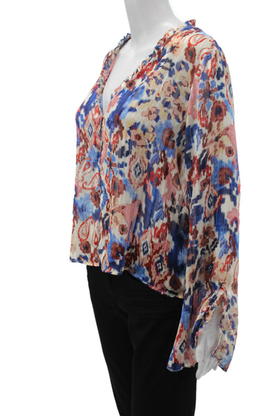 Zara Women Multicolor Floral V-Neck Button Long Sleeve Basic Blouse Size L