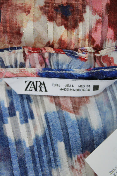 Zara Women Multicolor Floral V-Neck Button Long Sleeve Basic Blouse Size L